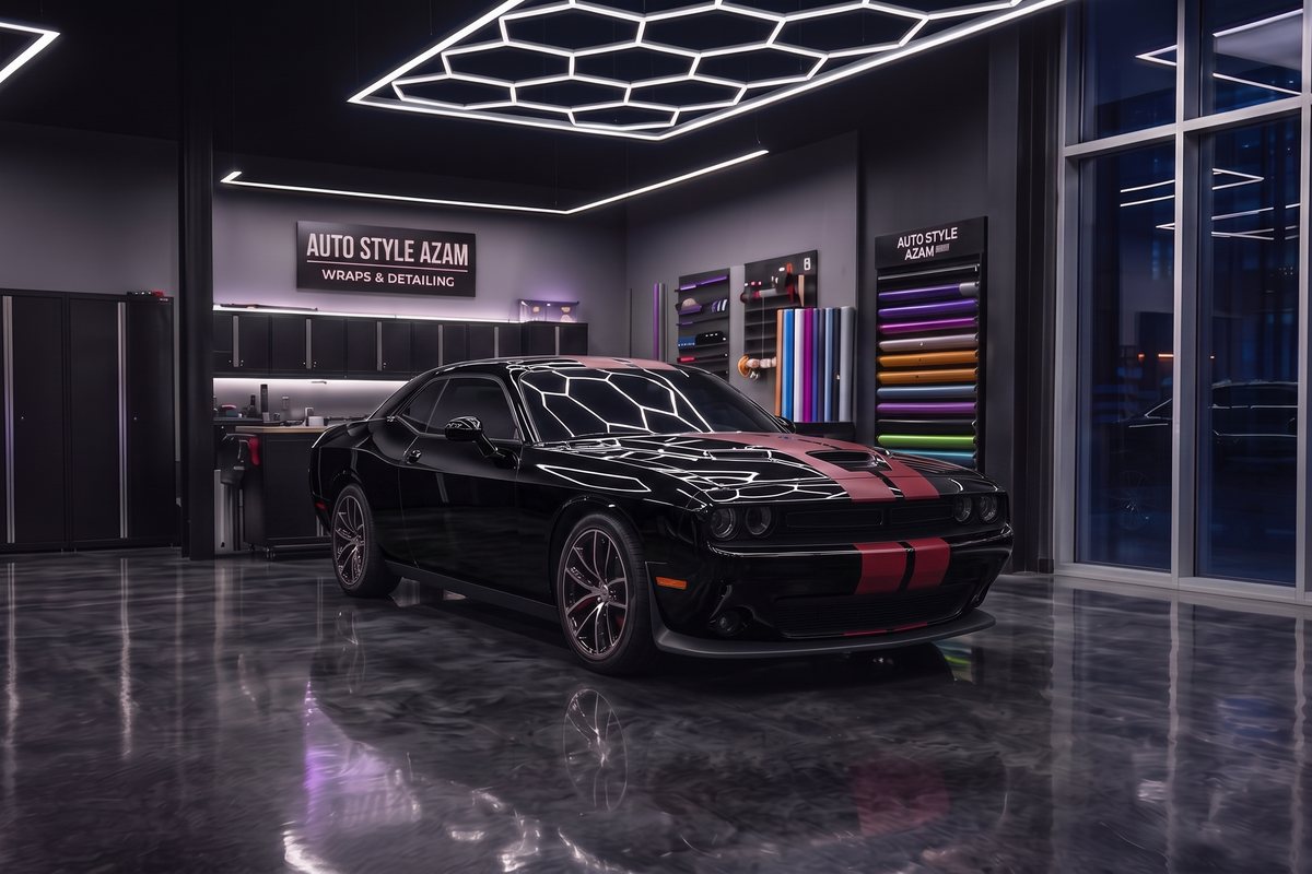 Dodge Challenger после оклейки: чёрный кузов с красными гоночными полосами